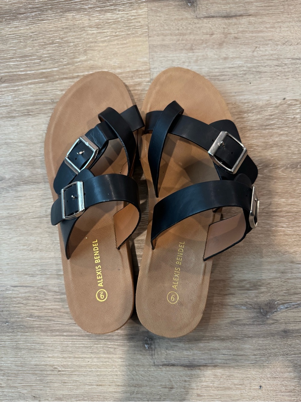 Alexis Bendel Black Buckle Cross-Strap Slide Sandals